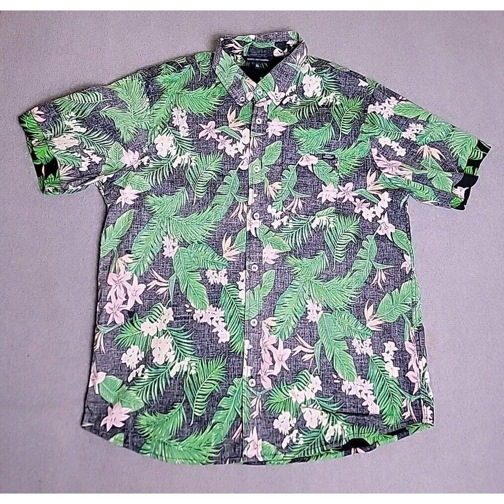 Simply Southern Hawaiian Shirt Mens XL Inside Out Blue Green Floral Stretch Camp